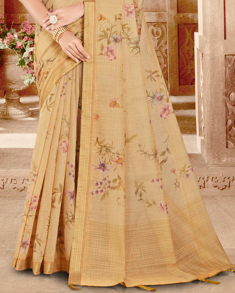 Vishal Prints Sand Brown Designer Poly Cotton Saree With Weaved Border And Tassel