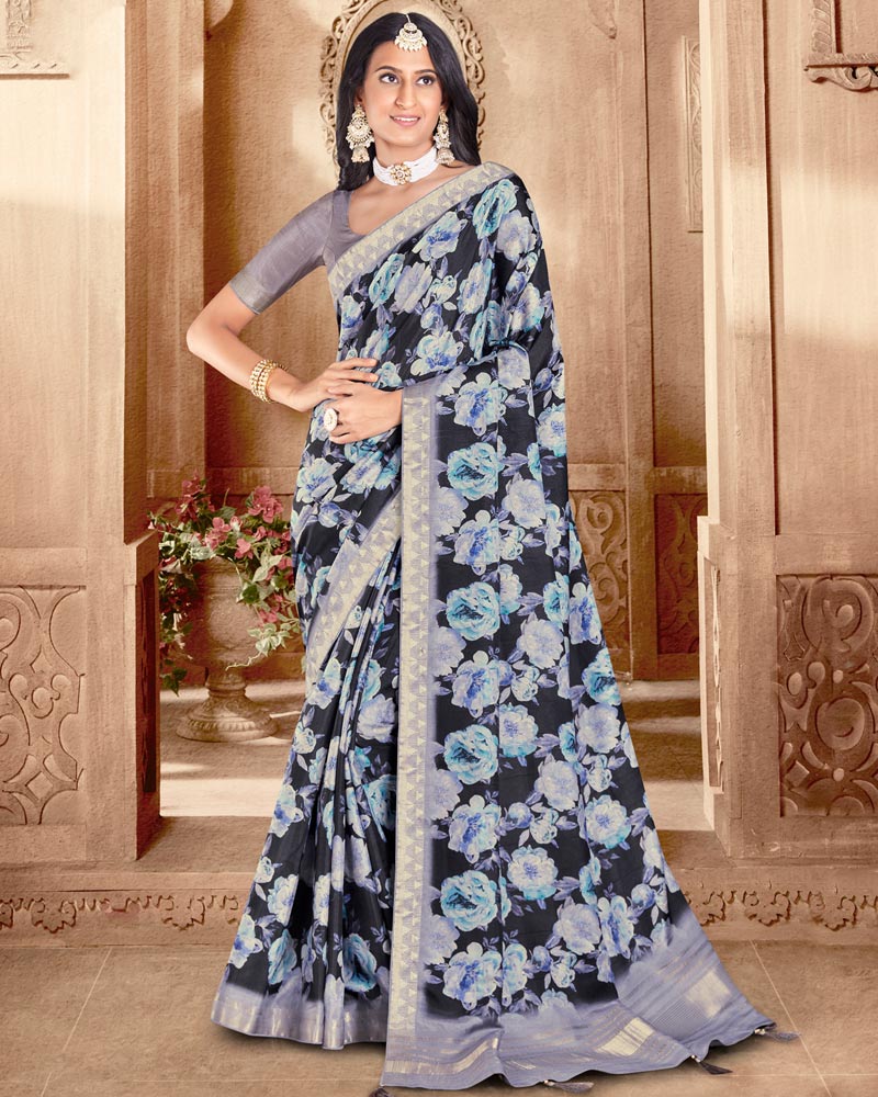 Vishal Prints Black Designer Poly Cotton Saree With Weaved Border And Tassel