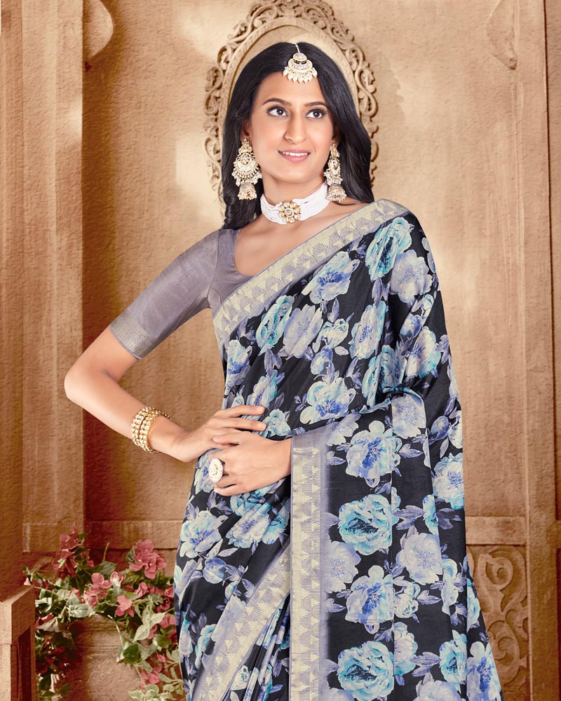 Vishal Prints Black Designer Poly Cotton Saree With Weaved Border And Tassel