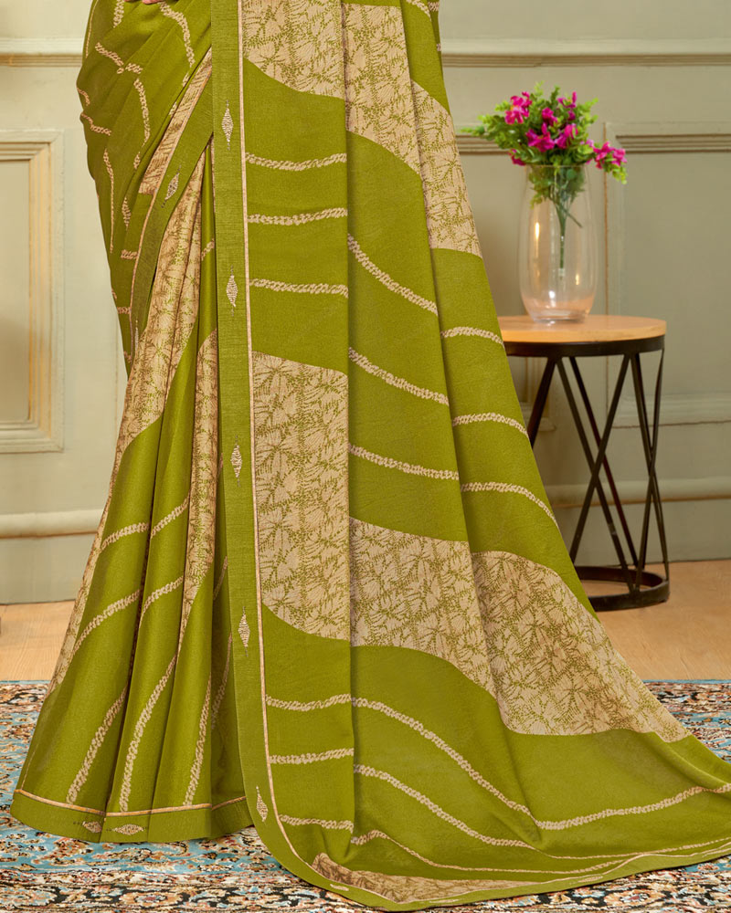 Vishal Prints Olive Green Printed Criva Crepe Saree With Fancy Border