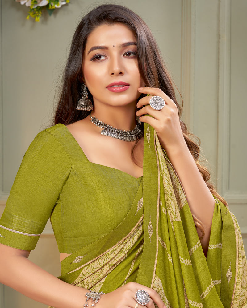 Vishal Prints Olive Green Printed Criva Crepe Saree With Fancy Border