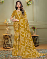 Vishal Prints Dark Mustard Printed Criva Crepe Saree With Fancy Border
