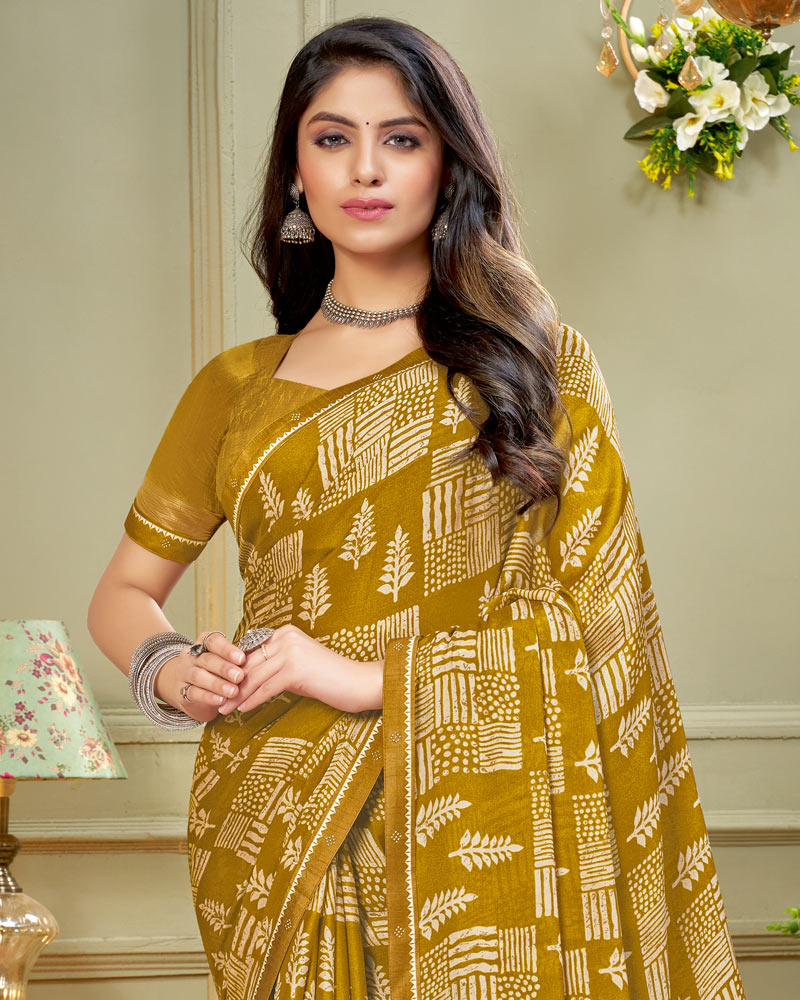 Vishal Prints Dark Mustard Printed Criva Crepe Saree With Fancy Border
