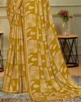 Vishal Prints Dark Mustard Printed Criva Crepe Saree With Fancy Border