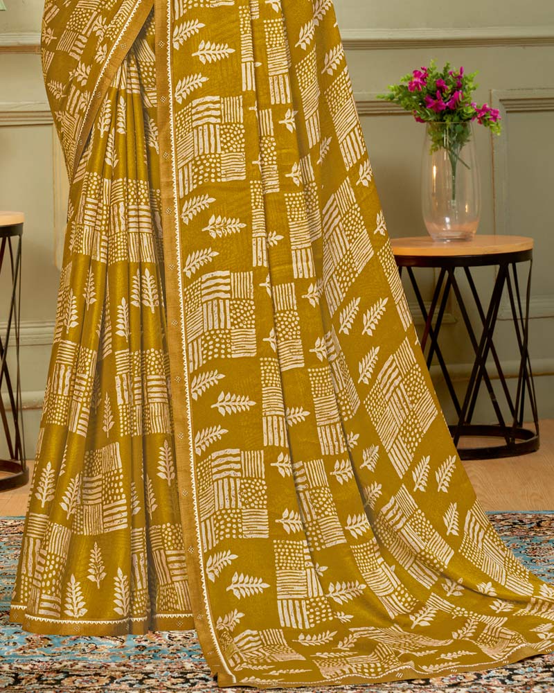 Vishal Prints Dark Mustard Printed Criva Crepe Saree With Fancy Border
