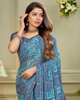 Vishal Prints Dusty Blue Printed Criva Crepe Saree With Fancy Border