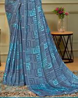 Vishal Prints Dusty Blue Printed Criva Crepe Saree With Fancy Border
