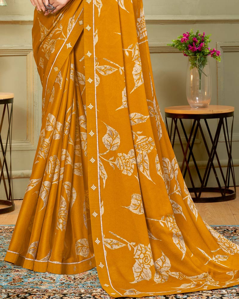 Vishal Prints Ochre Printed Criva Crepe Saree With Fancy Border