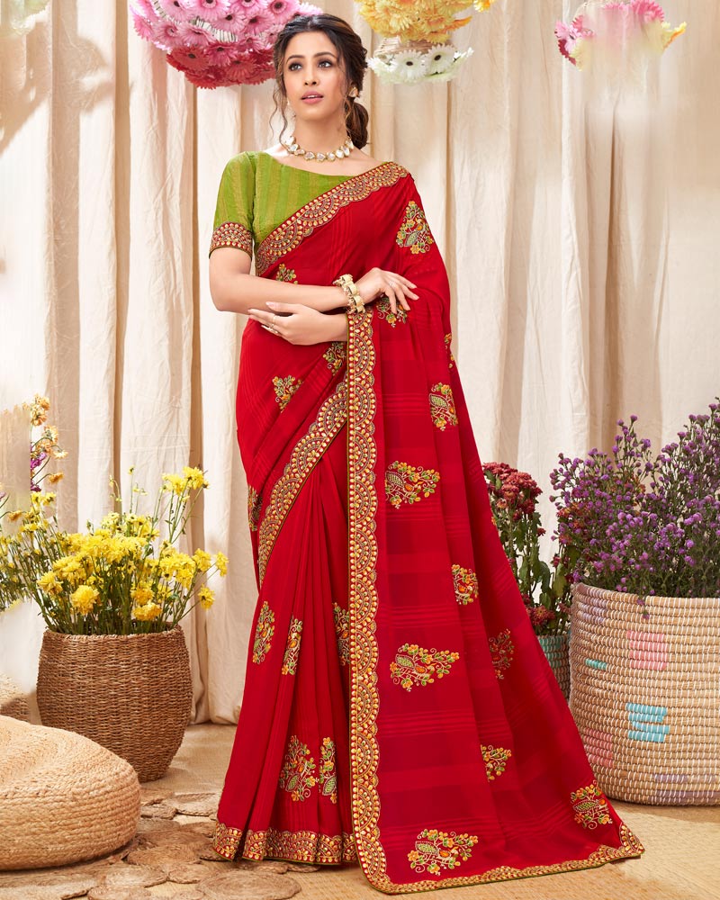 Vishal Prints Red Chiffon Saree With Embroidery Work And Fancy Border