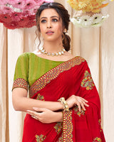 Vishal Prints Red Chiffon Saree With Embroidery Work And Fancy Border