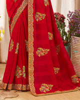 Vishal Prints Red Chiffon Saree With Embroidery Work And Fancy Border