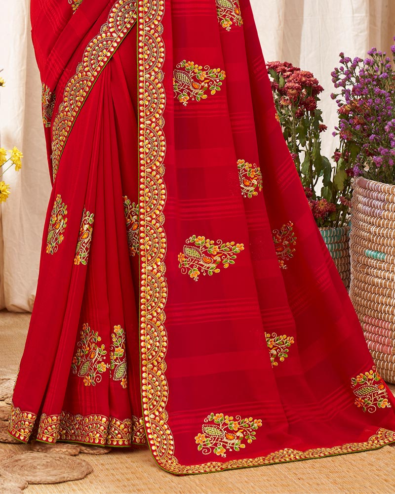 Vishal Prints Red Chiffon Saree With Embroidery Work And Fancy Border