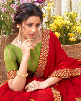 Vishal Prints Red Chiffon Saree With Embroidery Work And Fancy Border