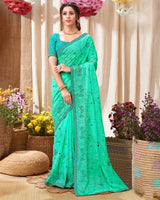 Vishal Prints Dark Turquoise Chiffon Saree With Embroidery Work And Fancy Border