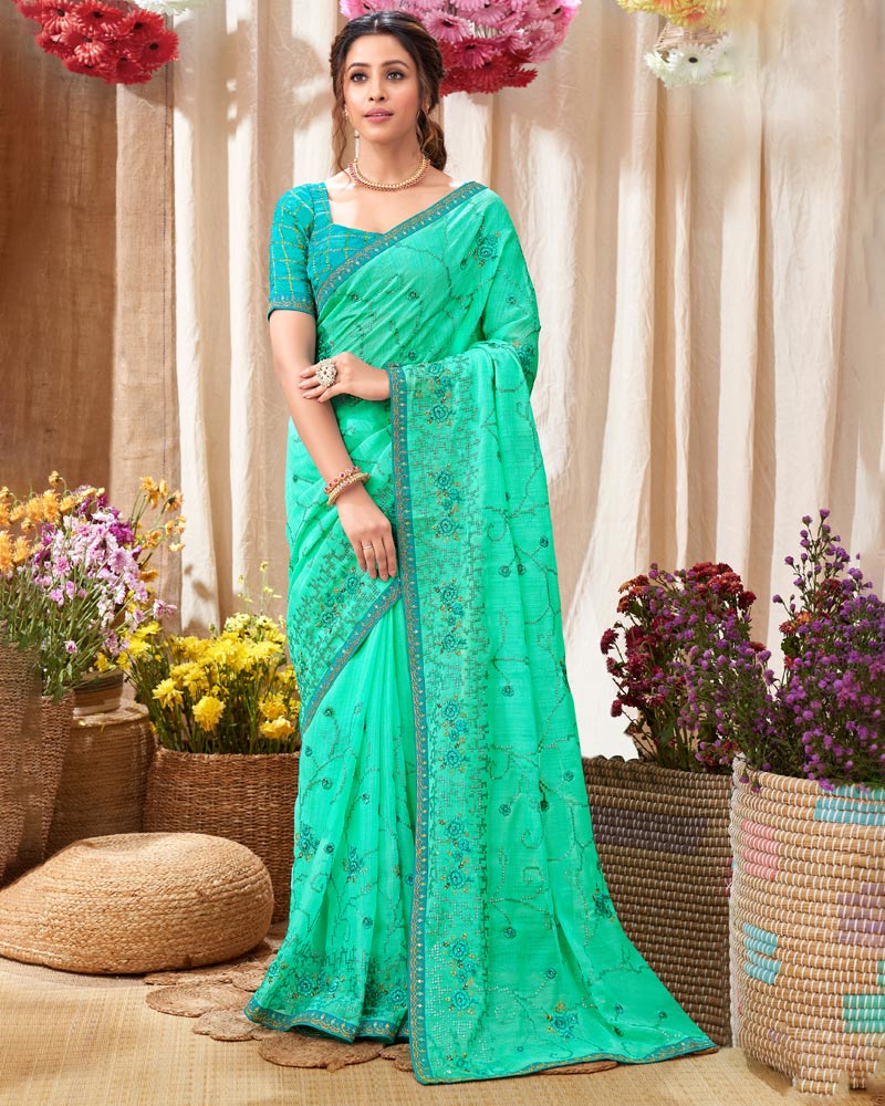 Vishal Prints Dark Turquoise Chiffon Saree With Embroidery Work And Fancy Border