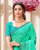 Vishal Prints Dark Turquoise Chiffon Saree With Embroidery Work And Fancy Border