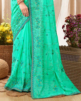 Vishal Prints Dark Turquoise Chiffon Saree With Embroidery Work And Fancy Border