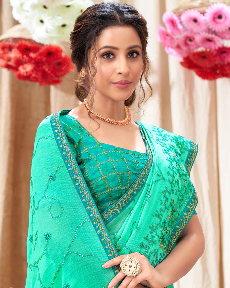 Vishal Prints Dark Turquoise Chiffon Saree With Embroidery Work And Fancy Border