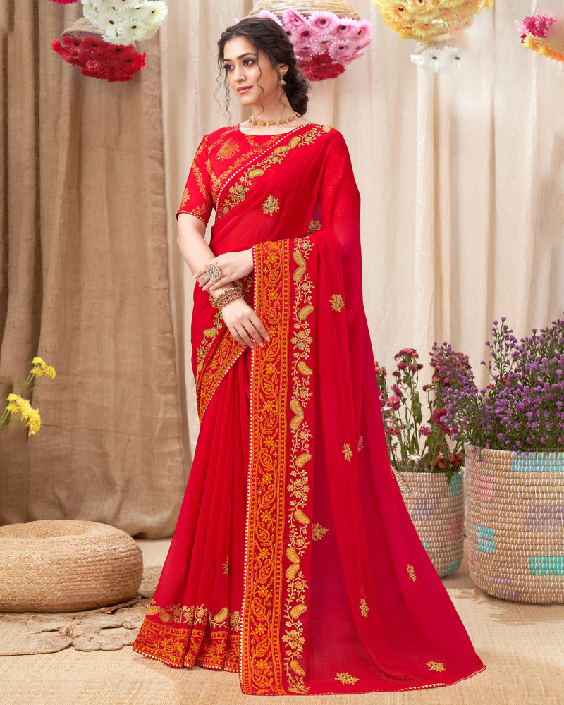 Vishal Prints Red Chiffon Saree With Embroidery Work And Fancy Border
