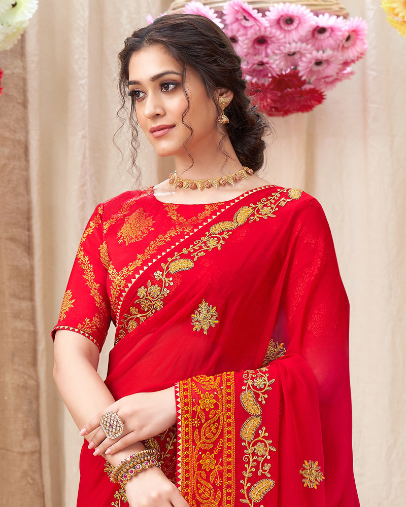 Vishal Prints Red Chiffon Saree With Embroidery Work And Fancy Border