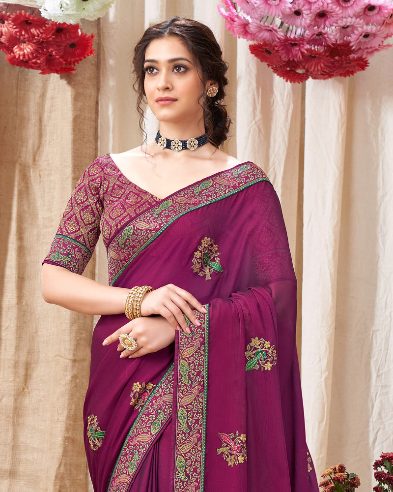 Vishal Prints Purple Chiffon Saree With Embroidery Work And Fancy Border