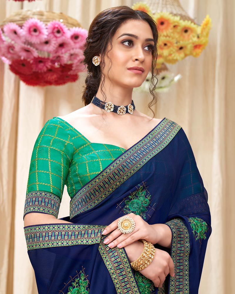 Vishal Prints Blue Chiffon Saree With Embroidery Work And Fancy Border