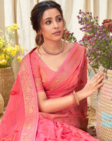 Vishal Prints Pink Chiffon Saree With Embroidery Work And Fancy Border