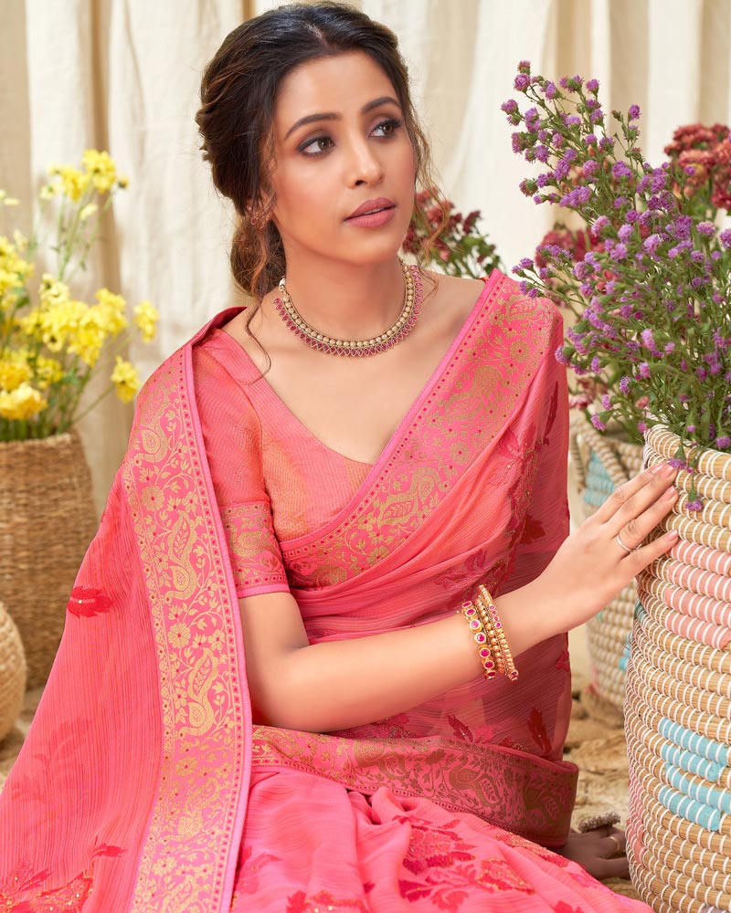 Vishal Prints Pink Chiffon Saree With Embroidery Work And Fancy Border