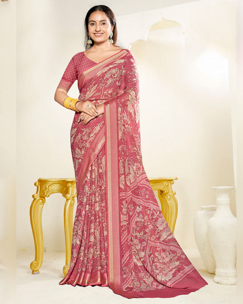 Vishal Prints Light Dusty Pink Criva Crepe Digital Print Saree With Weaved Viscose Patta