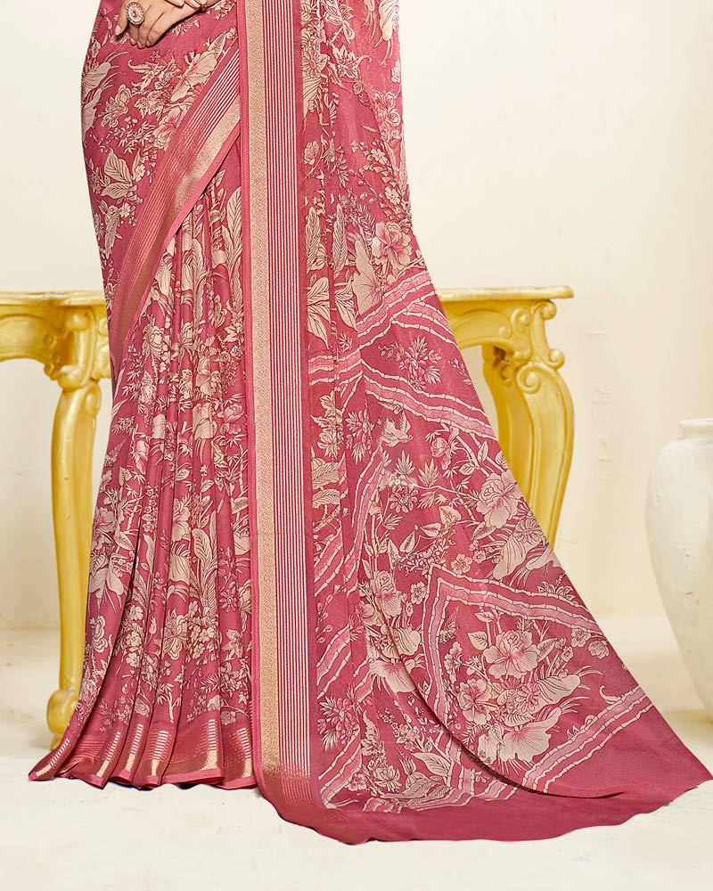 Vishal Prints Light Dusty Pink Criva Crepe Digital Print Saree With Weaved Viscose Patta