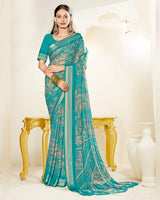 Vishal Prints Persian Green Criva Crepe Digital Print Saree With Weaved Viscose Patta