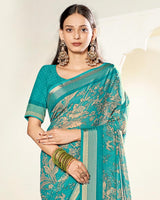 Vishal Prints Persian Green Criva Crepe Digital Print Saree With Weaved Viscose Patta