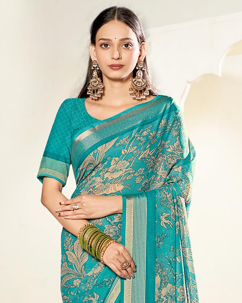 Vishal Prints Persian Green Criva Crepe Digital Print Saree With Weaved Viscose Patta