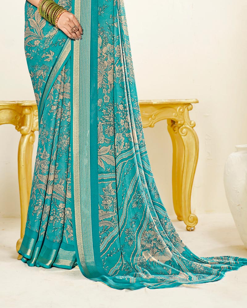 Vishal Prints Persian Green Criva Crepe Digital Print Saree With Weaved Viscose Patta