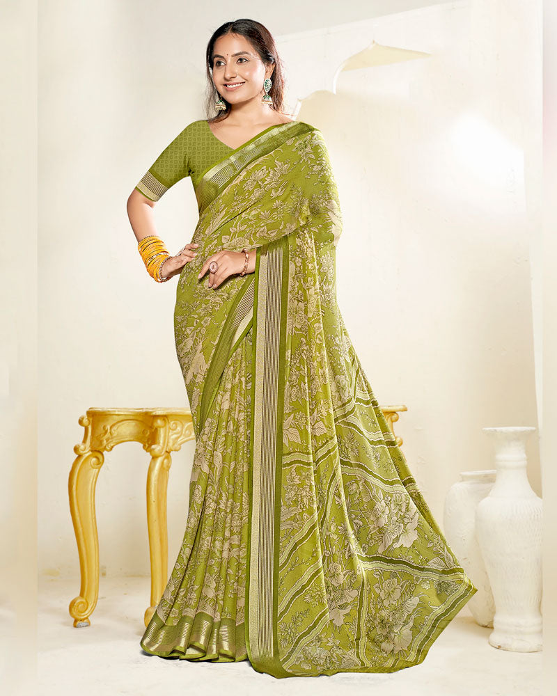 Vishal Prints Olive Green Criva Crepe Digital Print Saree With Weaved Viscose Patta