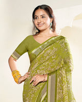 Vishal Prints Olive Green Criva Crepe Digital Print Saree With Weaved Viscose Patta