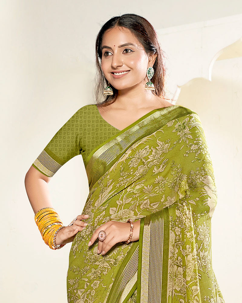 Vishal Prints Olive Green Criva Crepe Digital Print Saree With Weaved Viscose Patta