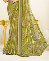 Vishal Prints Olive Green Criva Crepe Digital Print Saree With Weaved Viscose Patta