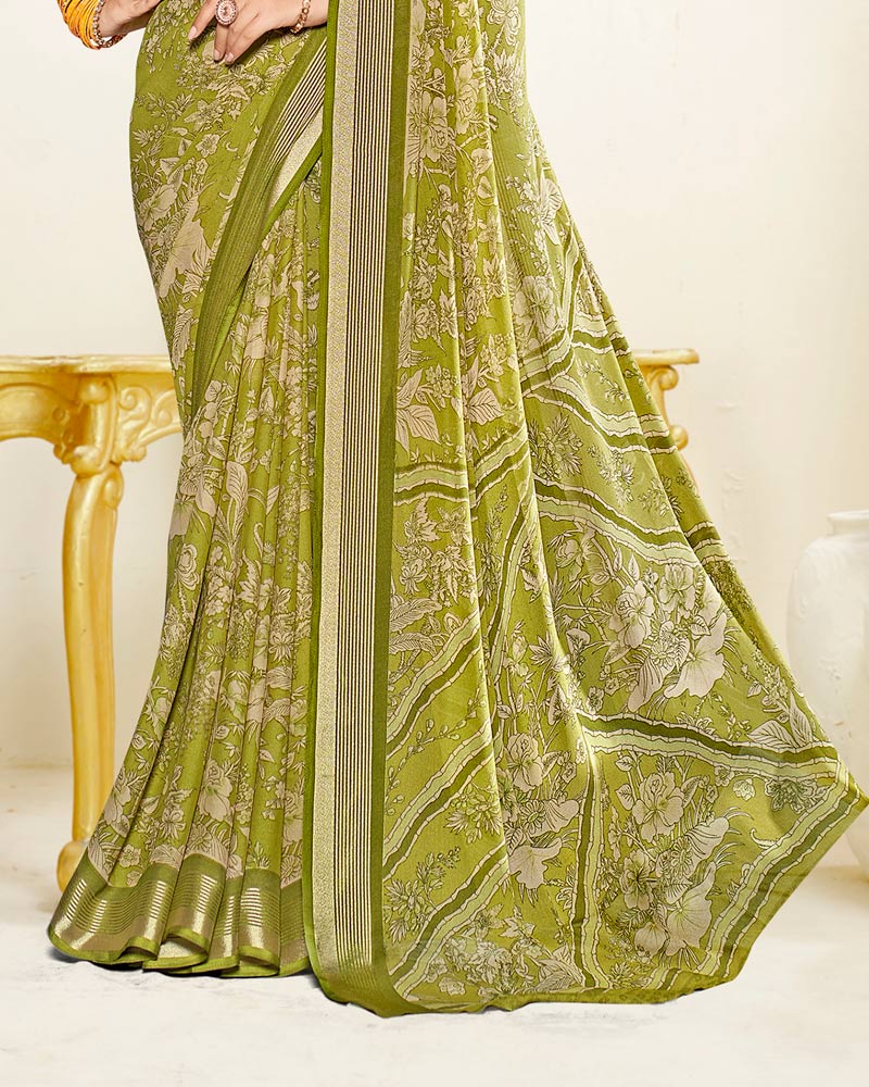 Vishal Prints Olive Green Criva Crepe Digital Print Saree With Weaved Viscose Patta