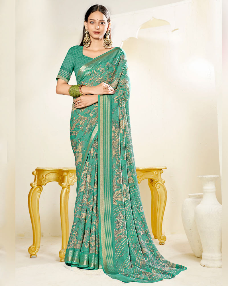 Vishal Prints Mint Green Criva Crepe Digital Print Saree With Weaved Viscose Patta