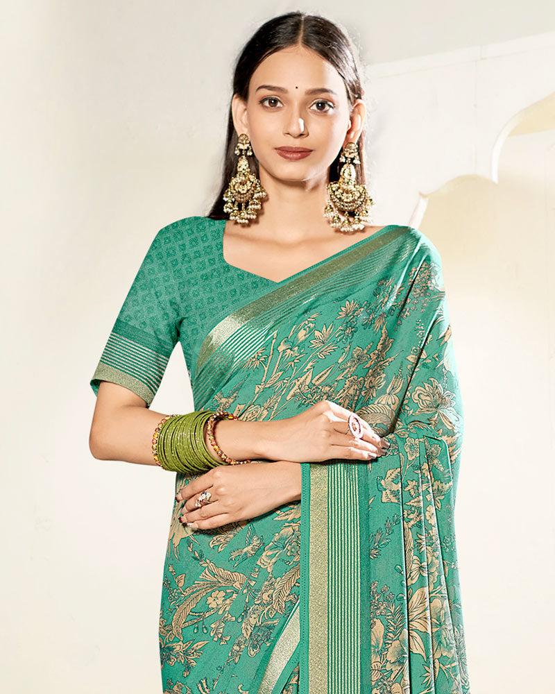 Vishal Prints Mint Green Criva Crepe Digital Print Saree With Weaved Viscose Patta