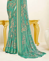 Vishal Prints Mint Green Criva Crepe Digital Print Saree With Weaved Viscose Patta