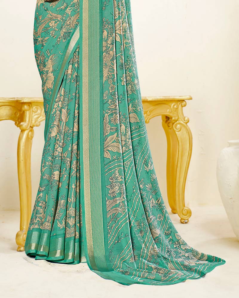 Vishal Prints Mint Green Criva Crepe Digital Print Saree With Weaved Viscose Patta