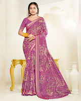 Vishal Prints Purplish Pink Criva Crepe Digital Print Saree With Weaved Viscose Patta