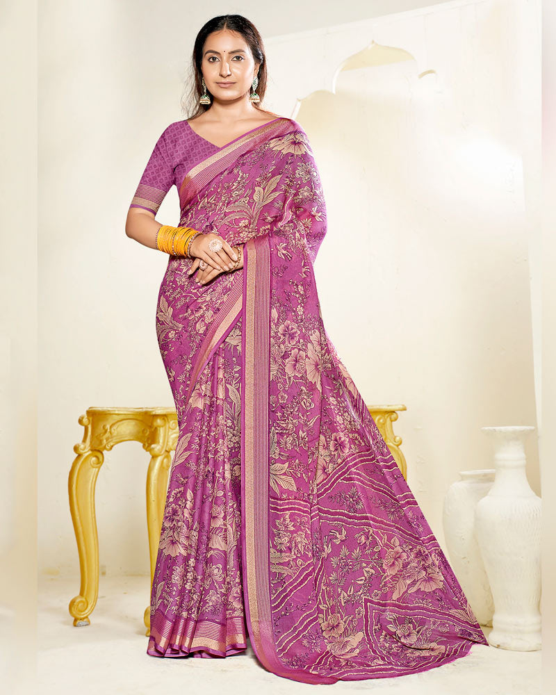 Vishal Prints Purplish Pink Criva Crepe Digital Print Saree With Weaved Viscose Patta