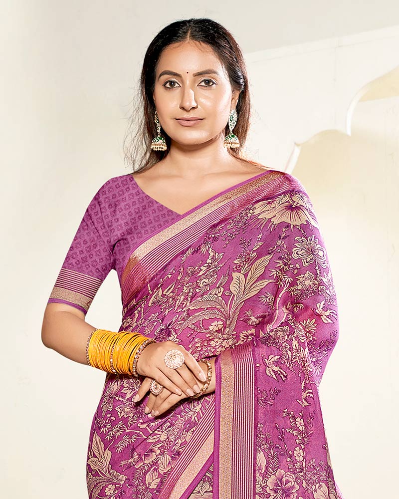 Vishal Prints Purplish Pink Criva Crepe Digital Print Saree With Weaved Viscose Patta