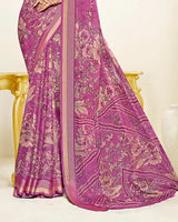 Vishal Prints Purplish Pink Criva Crepe Digital Print Saree With Weaved Viscose Patta