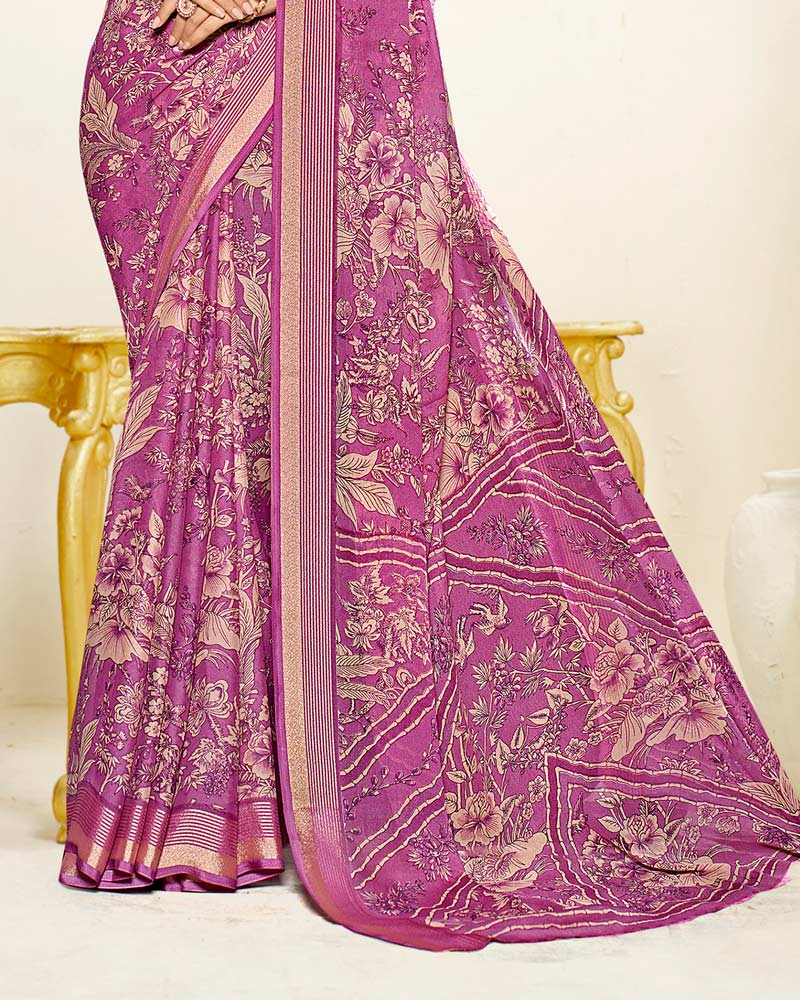 Vishal Prints Purplish Pink Criva Crepe Digital Print Saree With Weaved Viscose Patta