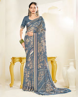 Vishal Prints Slate Grey Criva Crepe Digital Print Saree With Weaved Viscose Patta