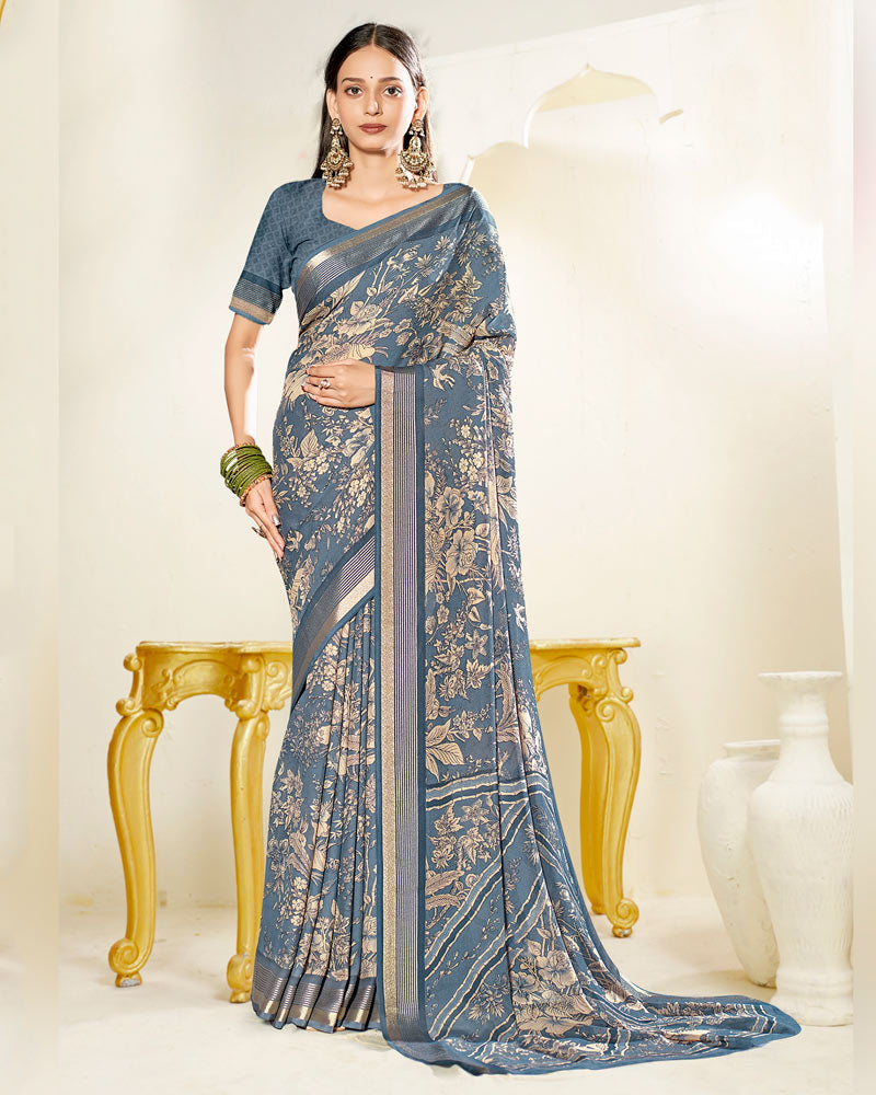 Vishal Prints Slate Grey Criva Crepe Digital Print Saree With Weaved Viscose Patta